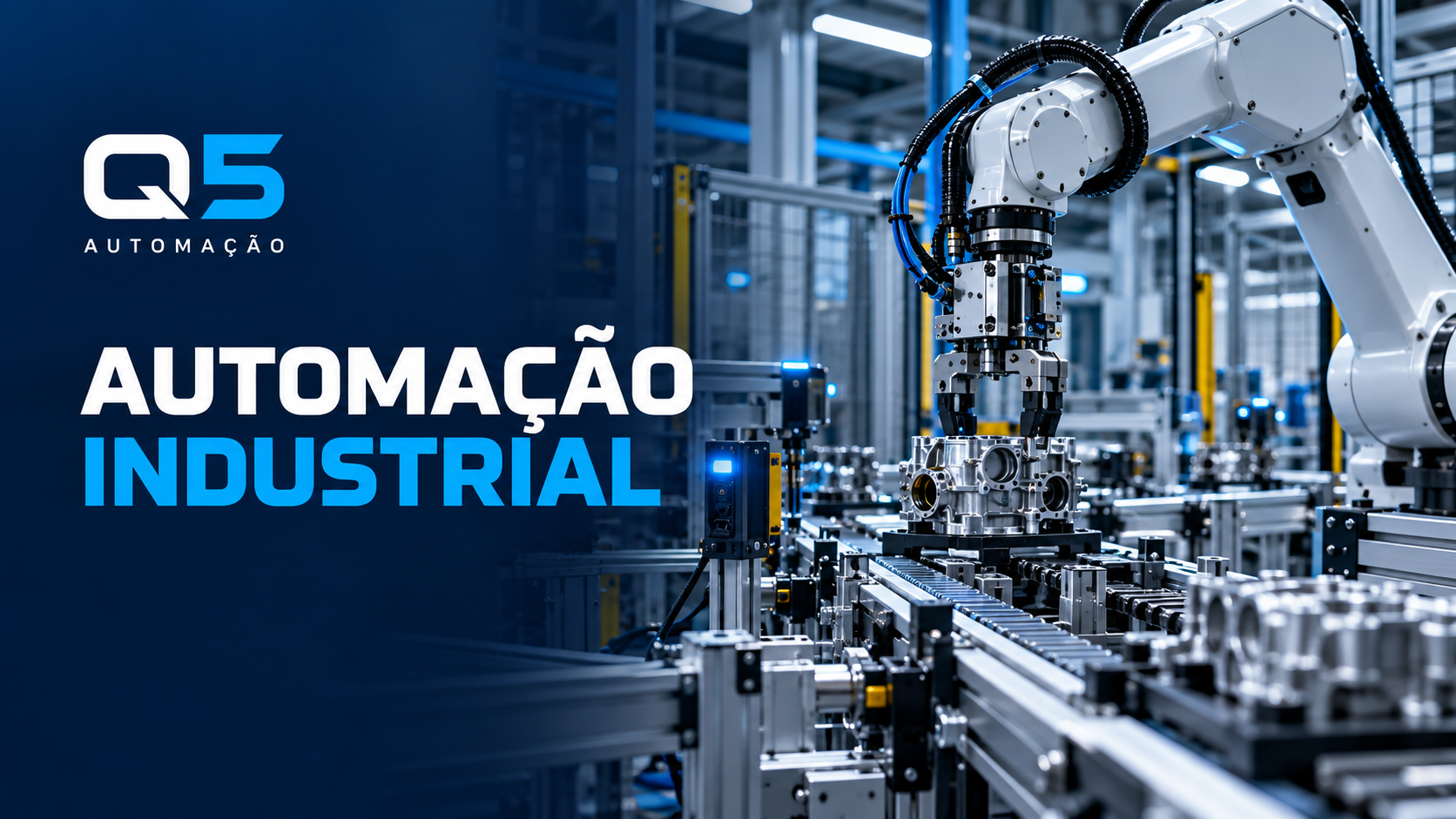 Arte Q5 Automação Industrial com robô, transportadores e equipamentos em uma linha de produção.