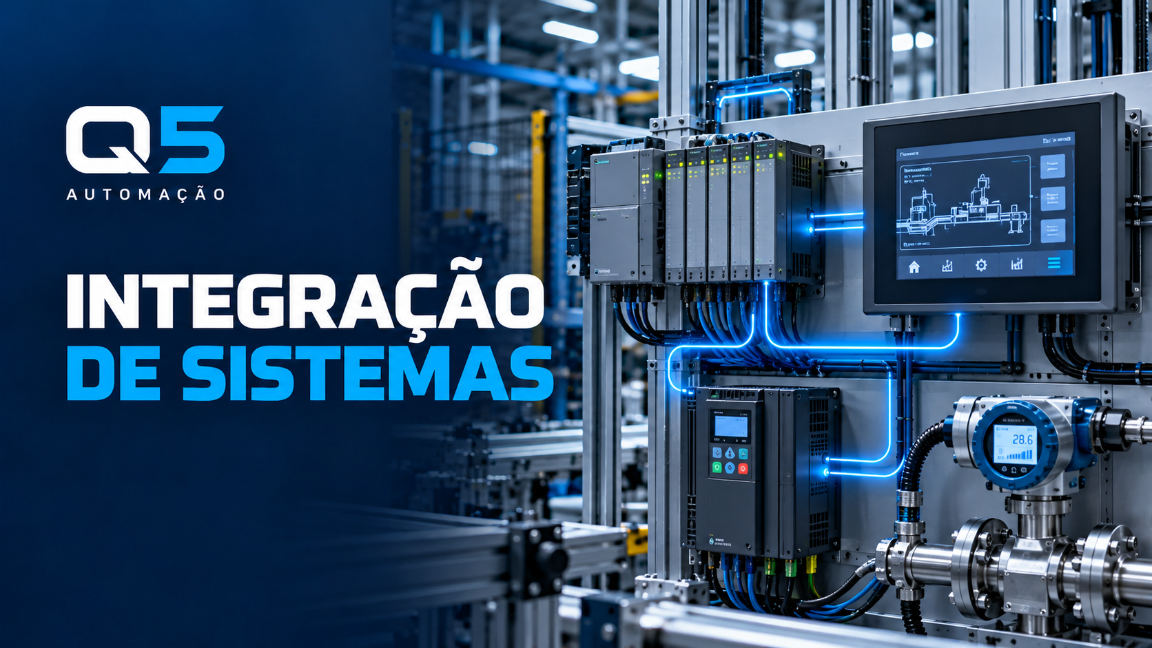 Arte Q5 Integração de Sistemas com CLP, IHM, inversor e instrumento de processo conectados por linhas azuis ilustrativas.