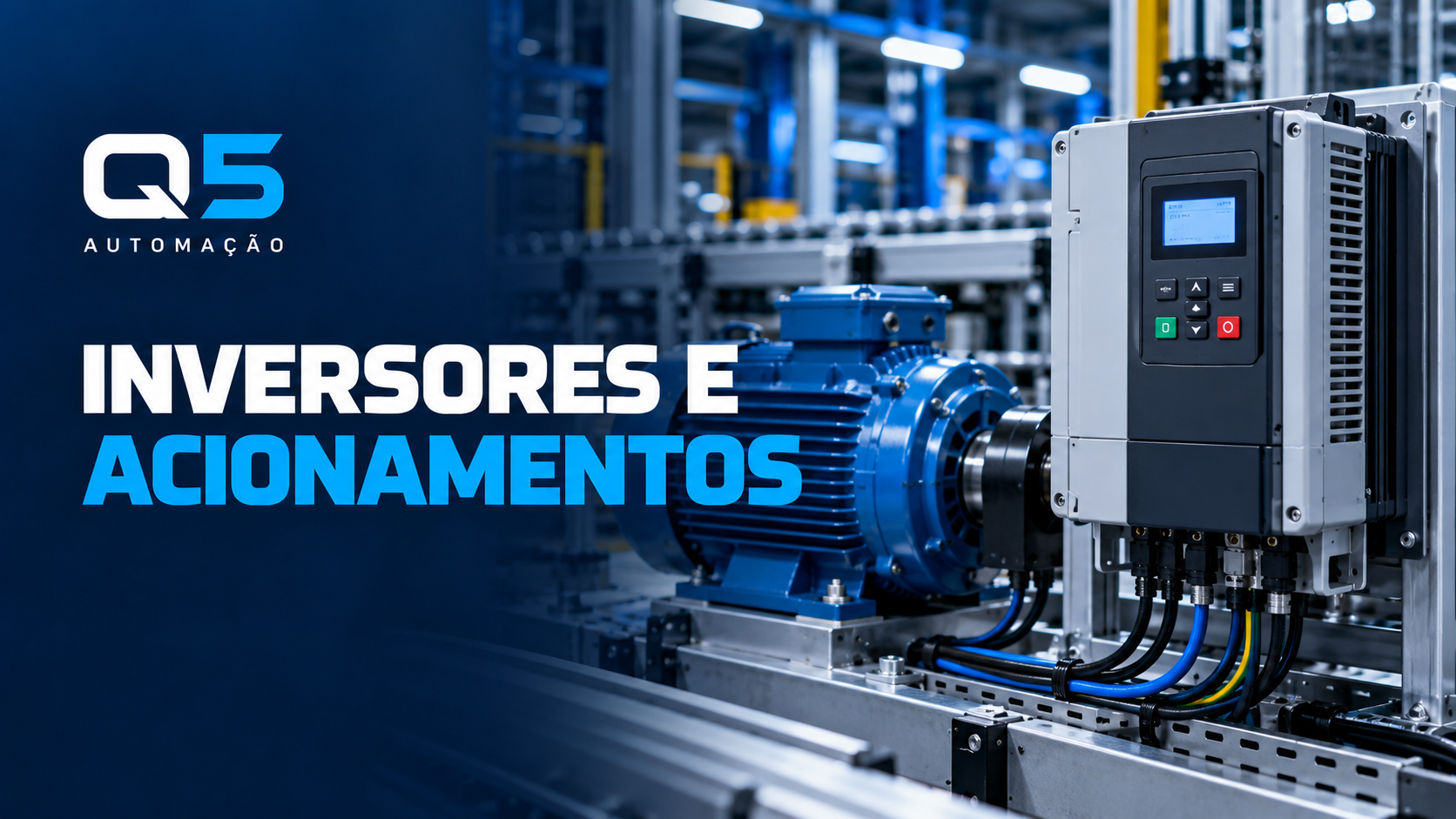 Arte Q5 Inversores e Acionamentos com inversor de frequência industrial e motor elétrico.